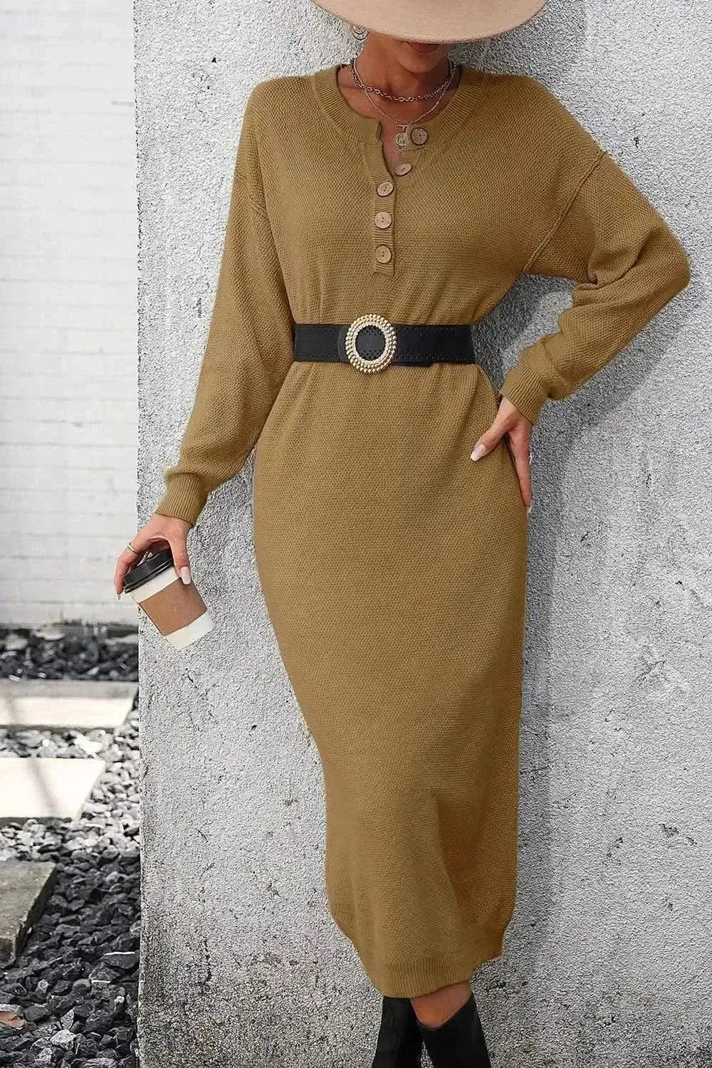 Decorative Button Notched Dropped Shoulder Sweater Dress - Bad Moms Club