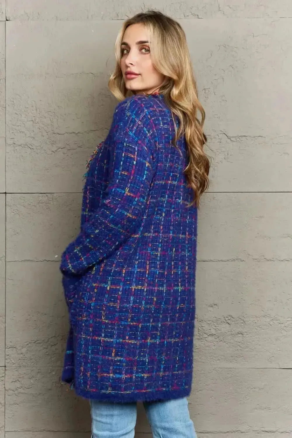 Plaid Fringe Trim Open Front Longline Cardigan - Bad Moms Club