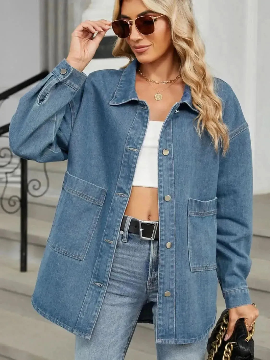 Removable Hood Button Up Long Sleeve Denim Jacket - Bad Moms Club