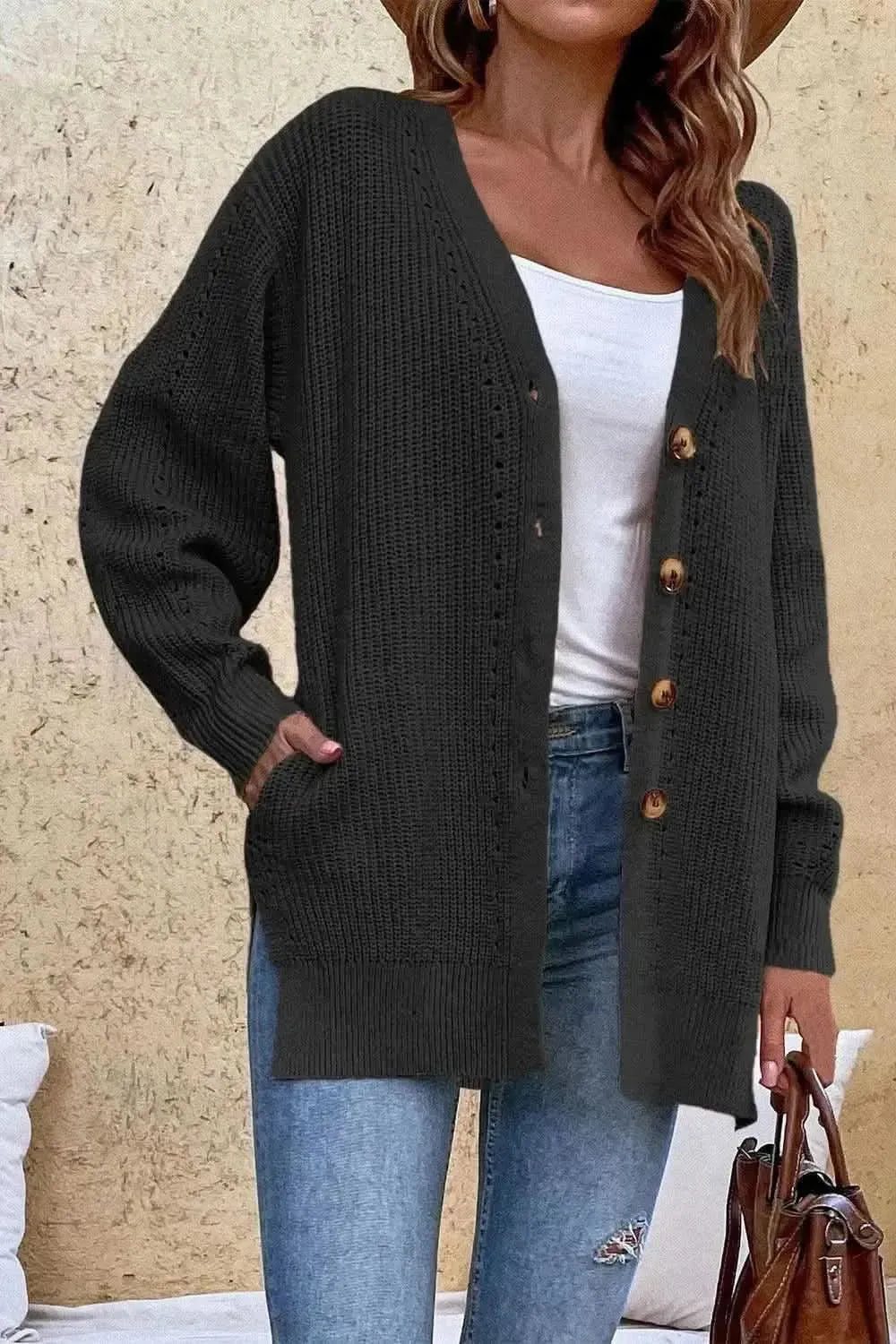 V-Neck Openwork Long Sleeve Cardigan - Bad Moms Club