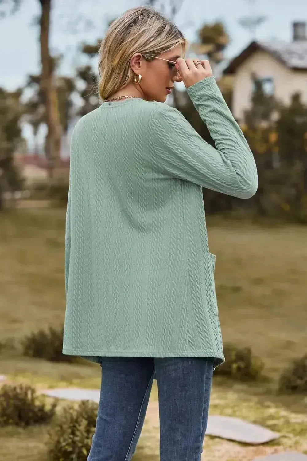Cable-Knit Long Sleeve Cardigan with Pocket - Bad Moms Club