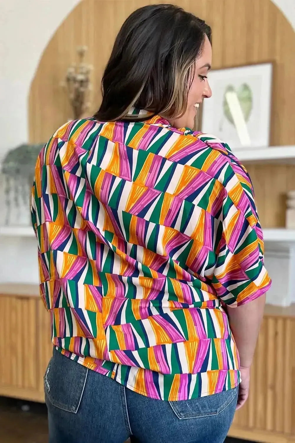 Double Take Full Size Geometric Notched Dolman Sleeve Top - Bad Moms Club