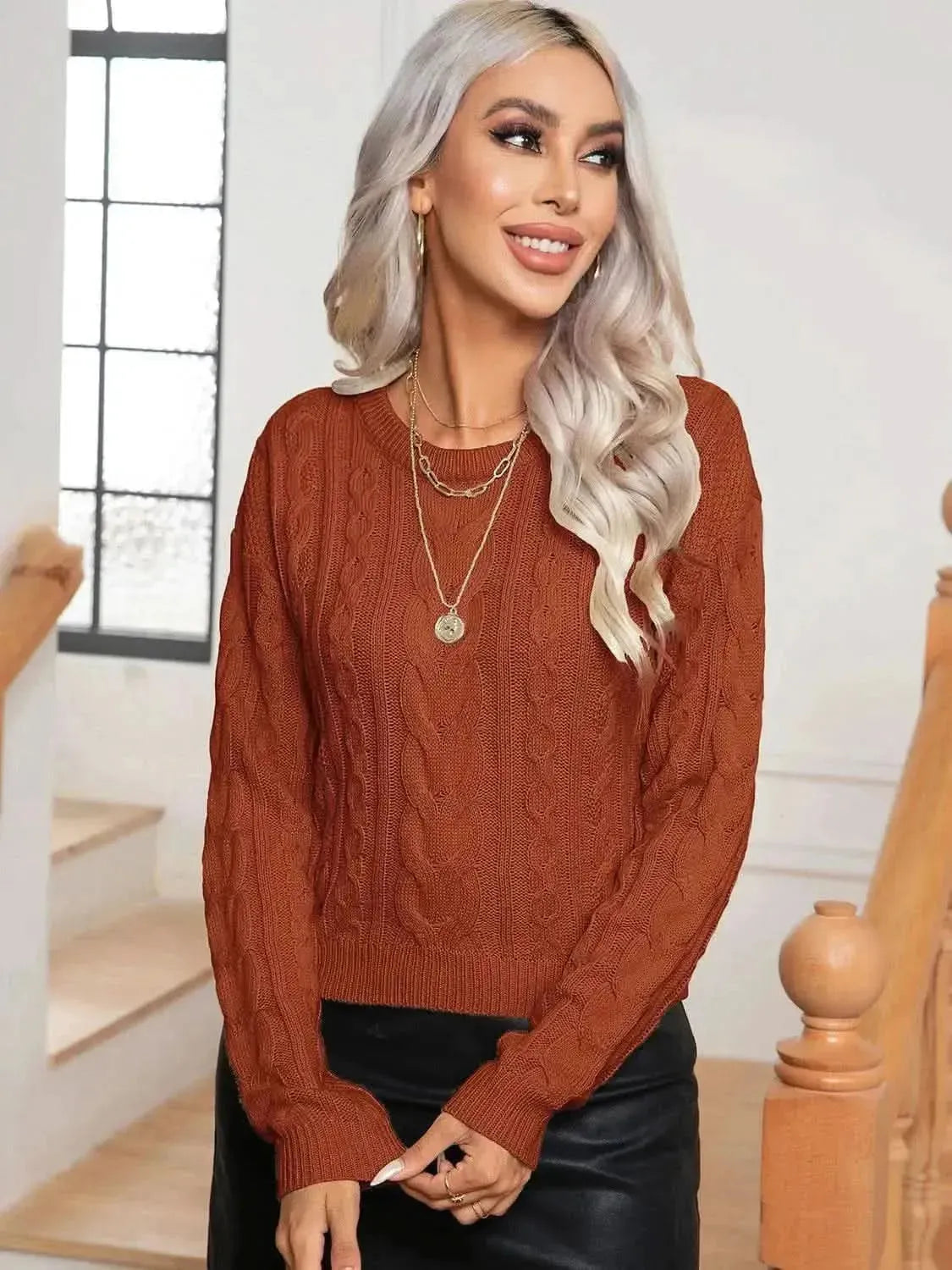 Cable-Knit Round Neck Long Sleeve Sweater - Bad Moms Club