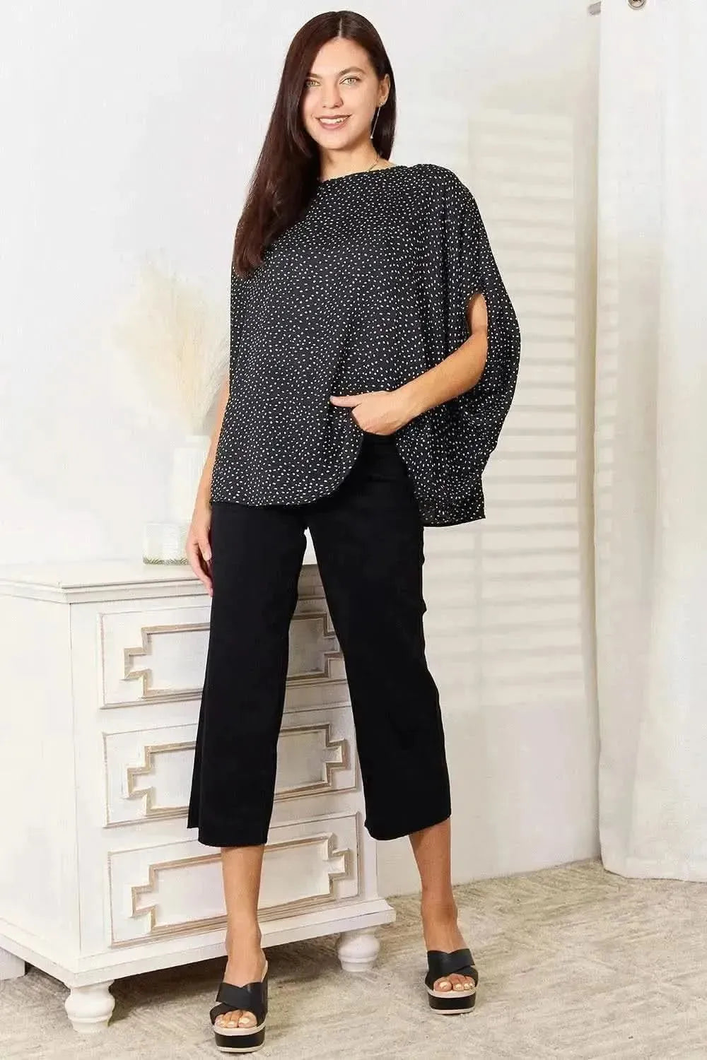 Perfee Printed Dolman Sleeve Round Neck Blouse - Bad Moms Club