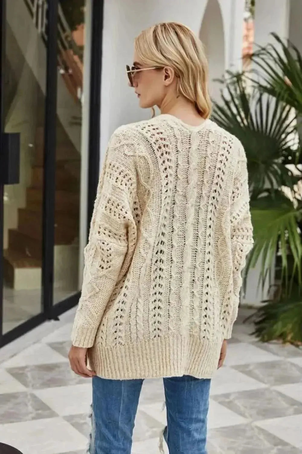 Ribbed Trim Openwork Open Front Cardigan - Bad Moms Club
