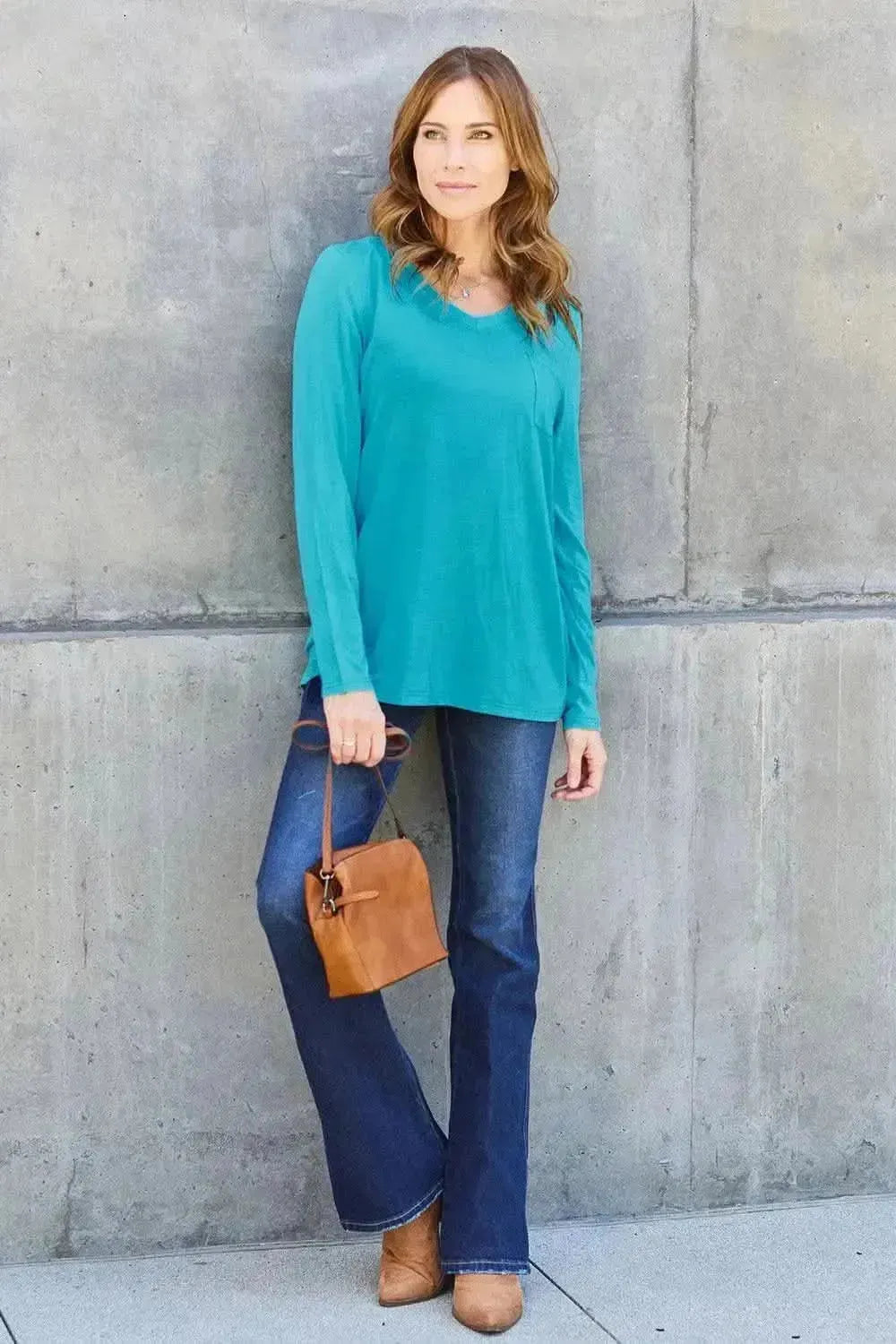 Basic Bae Full Size V-Neck Long Sleeve Top - Bad Moms Club