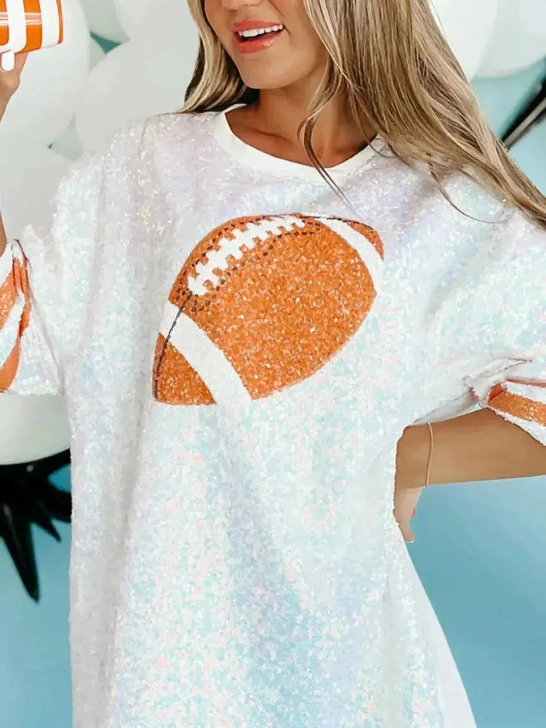 Sequin Football Round Neck Half Sleeve Oversize Top - Bad Moms Club