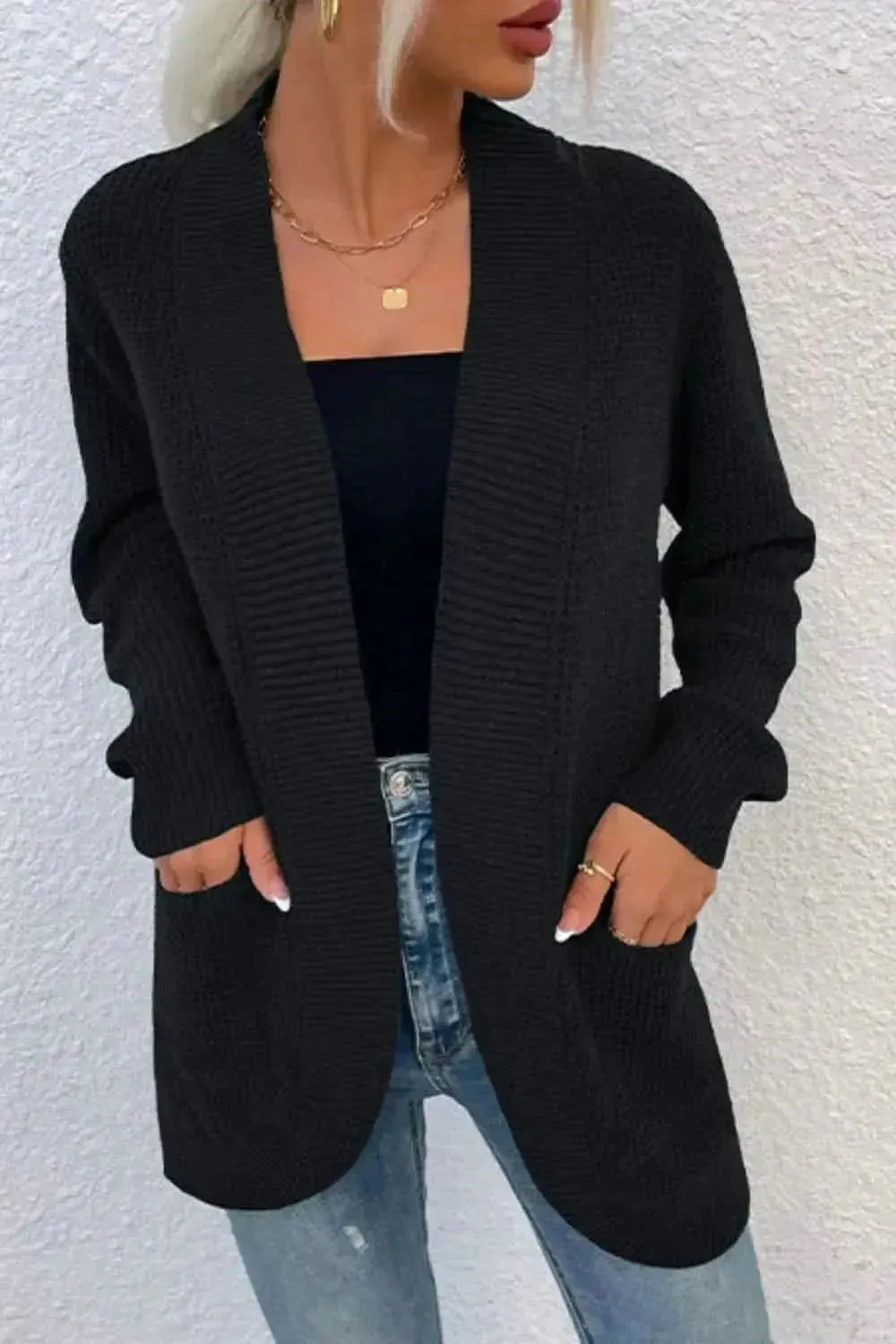 Open Front Rib-Knit Cardigan with Pockets - Bad Moms Club