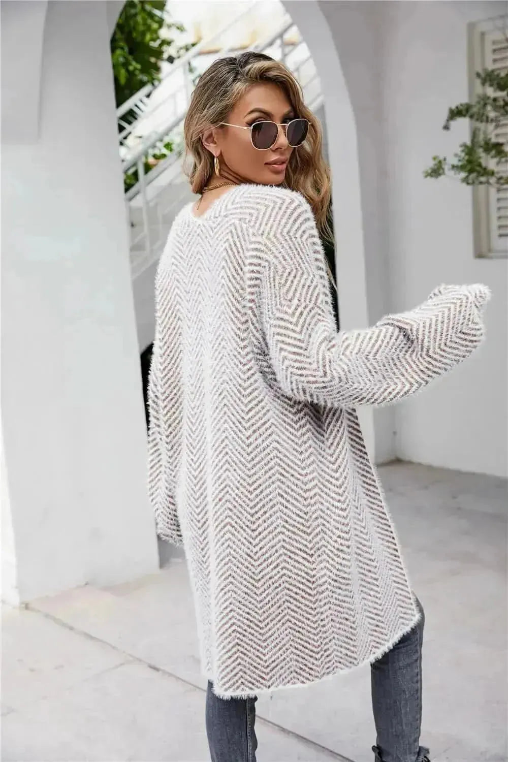 Herringbone Pattern Open Front Longline Fuzzy Cardigan - Bad Moms Club