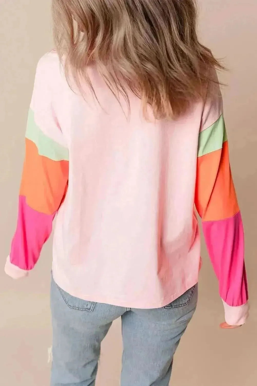 Color Block Round Neck Long Sleeve Top - Bad Moms Club
