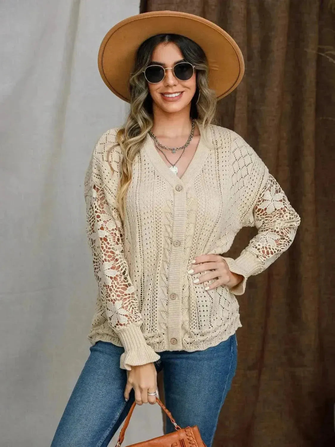 Eyelet Button Up Lantern Sleeve Cardigan - Bad Moms Club