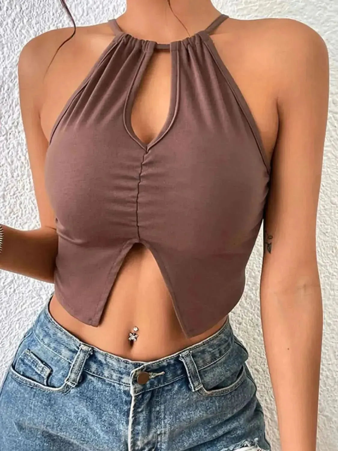 Perfee Crisscross Tie Back Slit Sleeveless Top - Bad Moms Club