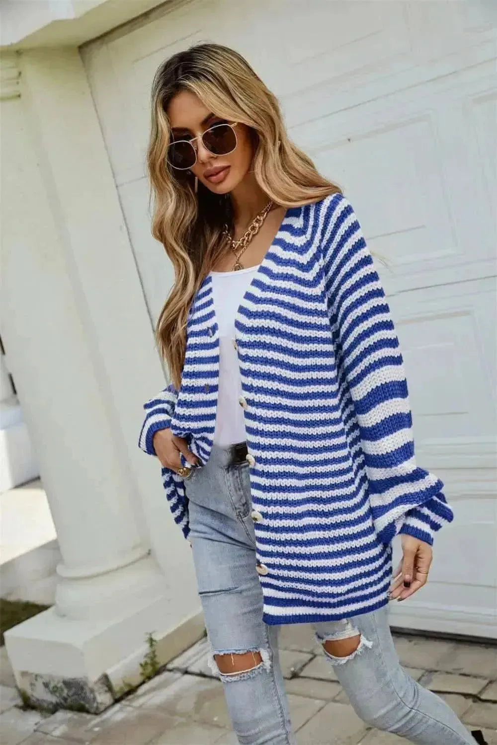 Striped Button Up Long Sleeve Cardigan - Bad Moms Club