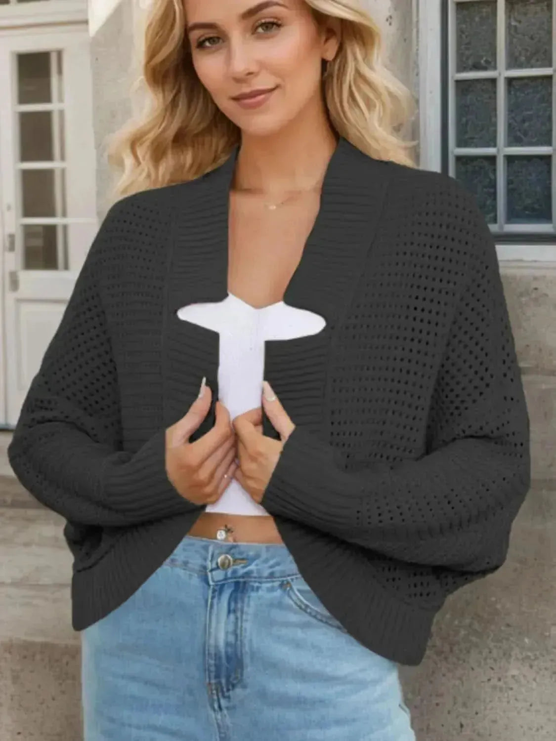 Openwork Open Front Long Sleeve Cardigan - Bad Moms Club