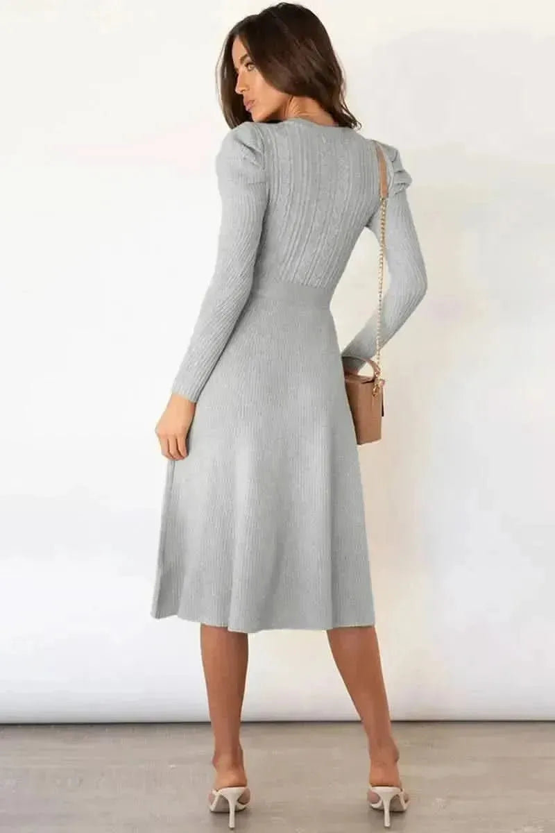 Round Neck Long Sleeve Tie Waist Sweater Dress - Bad Moms Club