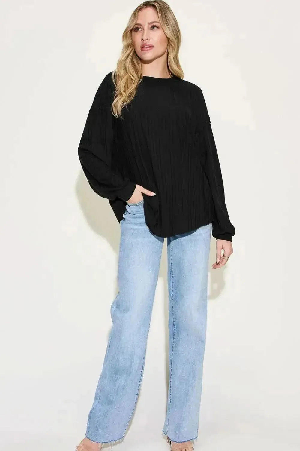 Basic Bae Full Size Ribbed Round Neck Long Sleeve T-Shirt - Bad Moms Club