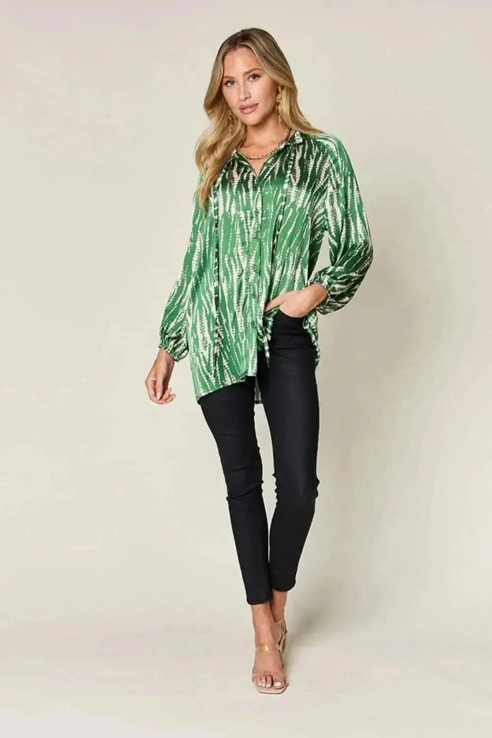 Double Take Full Size Printed Button Up Long Sleeve Shirt - Bad Moms Club