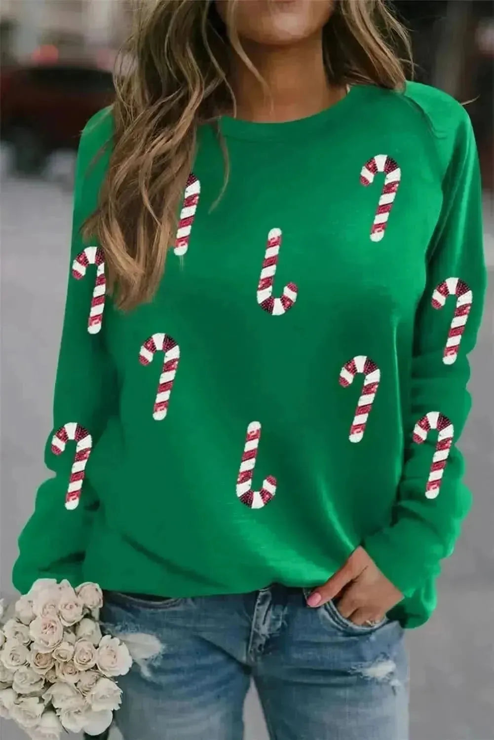 Candy Cane Round Neck Long Sleeve Sweatshirt - Bad Moms Club