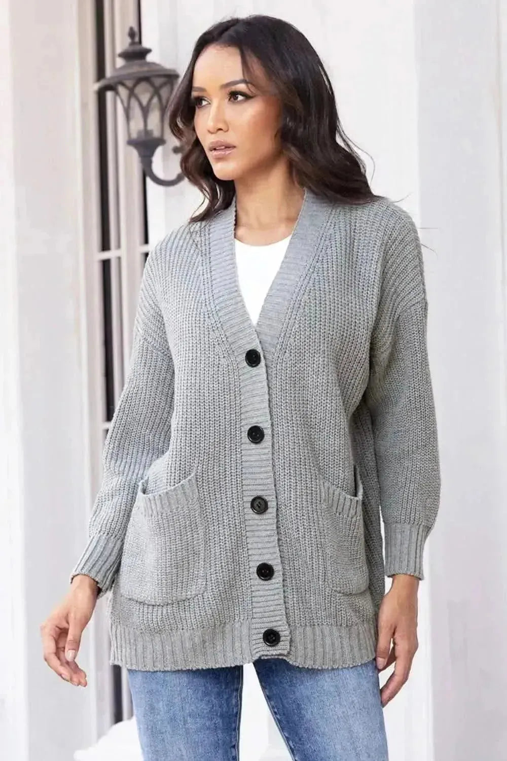 Button Up Long Sleeve Cardigan with Pockets - Bad Moms Club