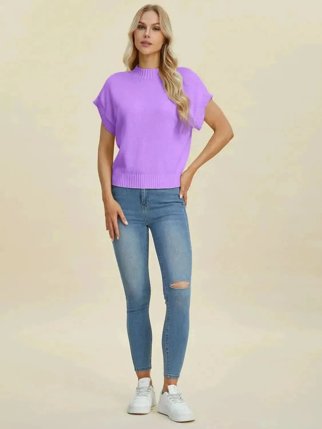 Double Take Full Size Mock Neck Short Sleeve Sweater - Bad Moms Club