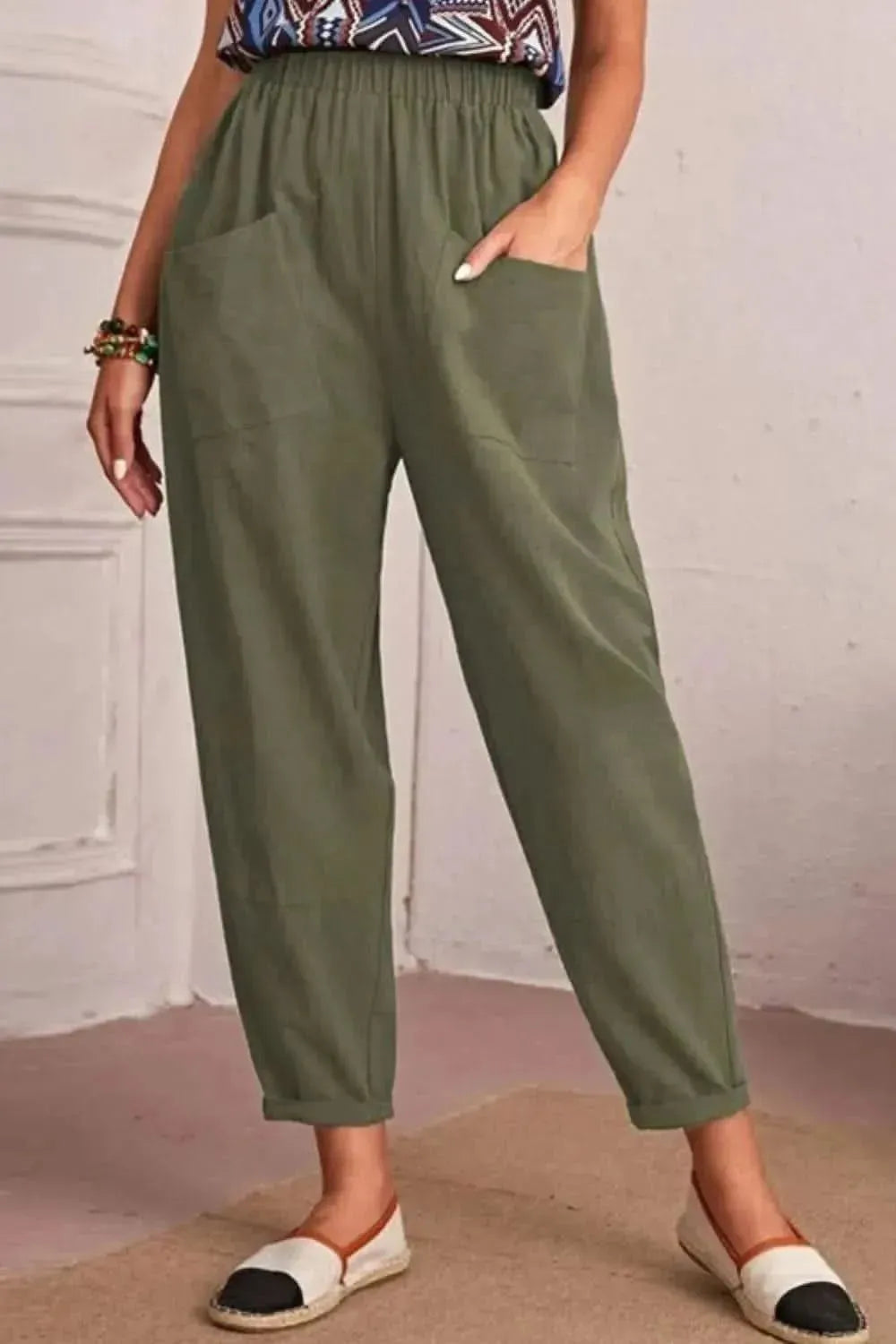 Elastic Waist Pocket Tapered Pants - Bad Moms Club