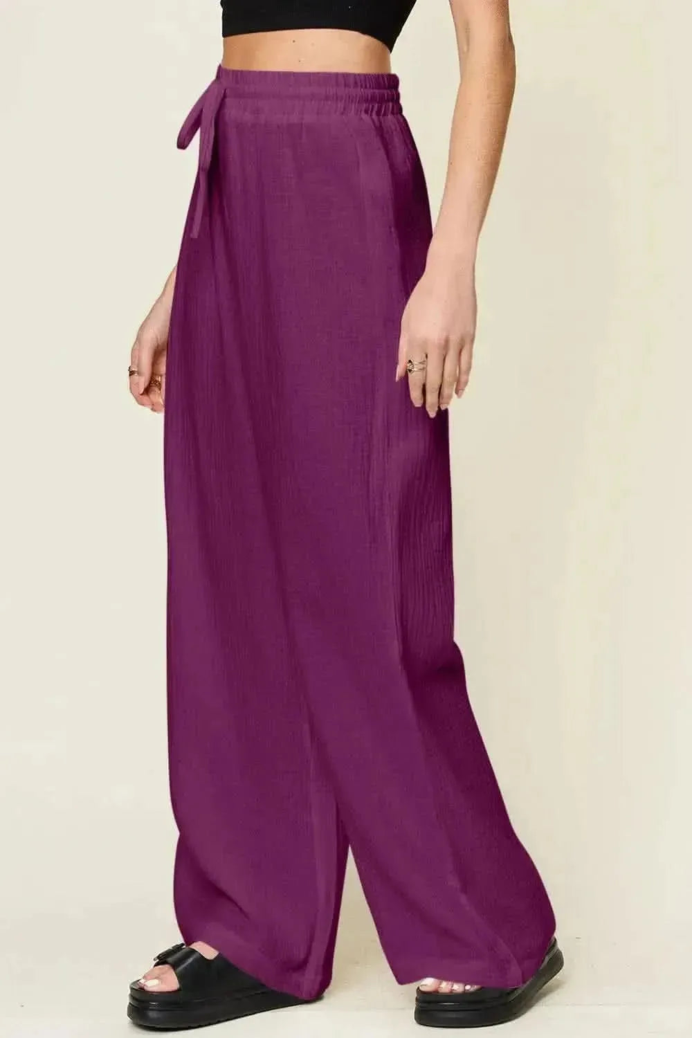 Double Take Full Size Texture Drawstring Wide Leg Pants - Bad Moms Club
