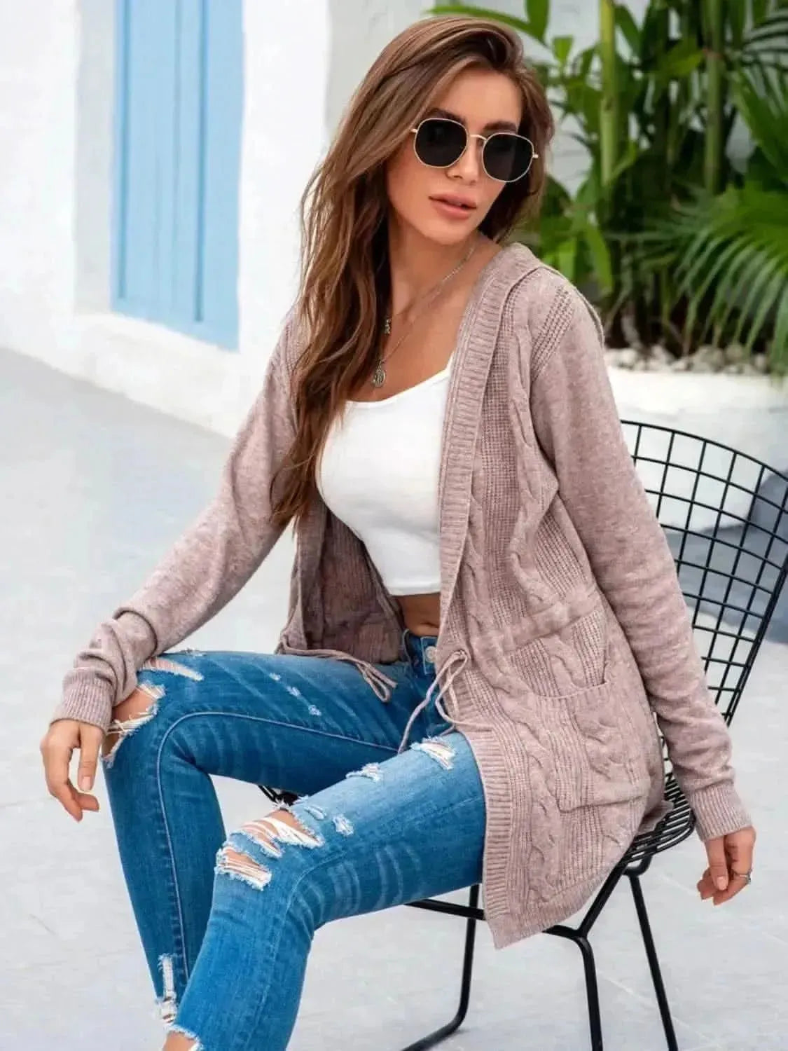 Cable-Knit Drawstring Hooded Cardigan - Bad Moms Club