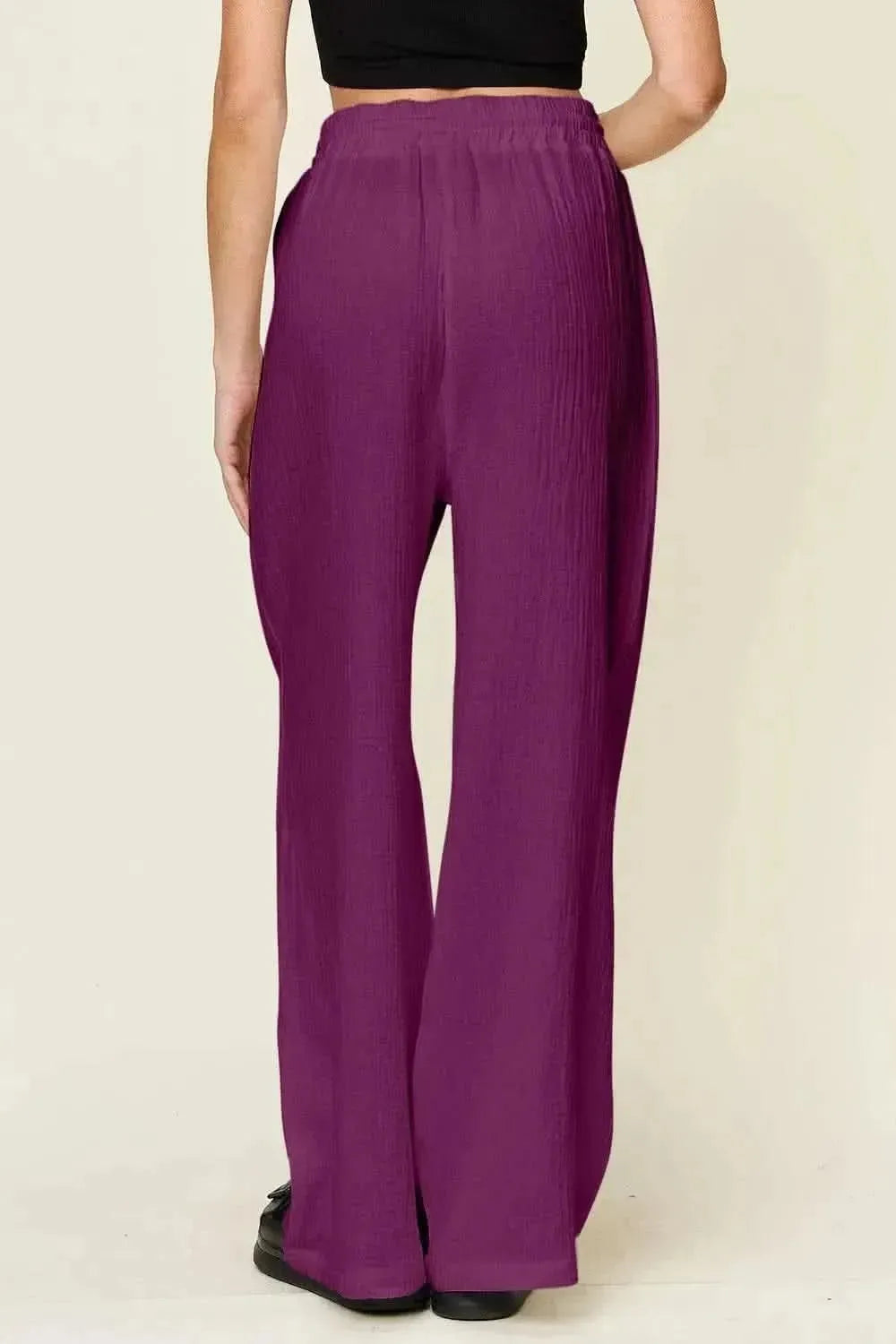 Double Take Full Size Texture Drawstring Wide Leg Pants - Bad Moms Club