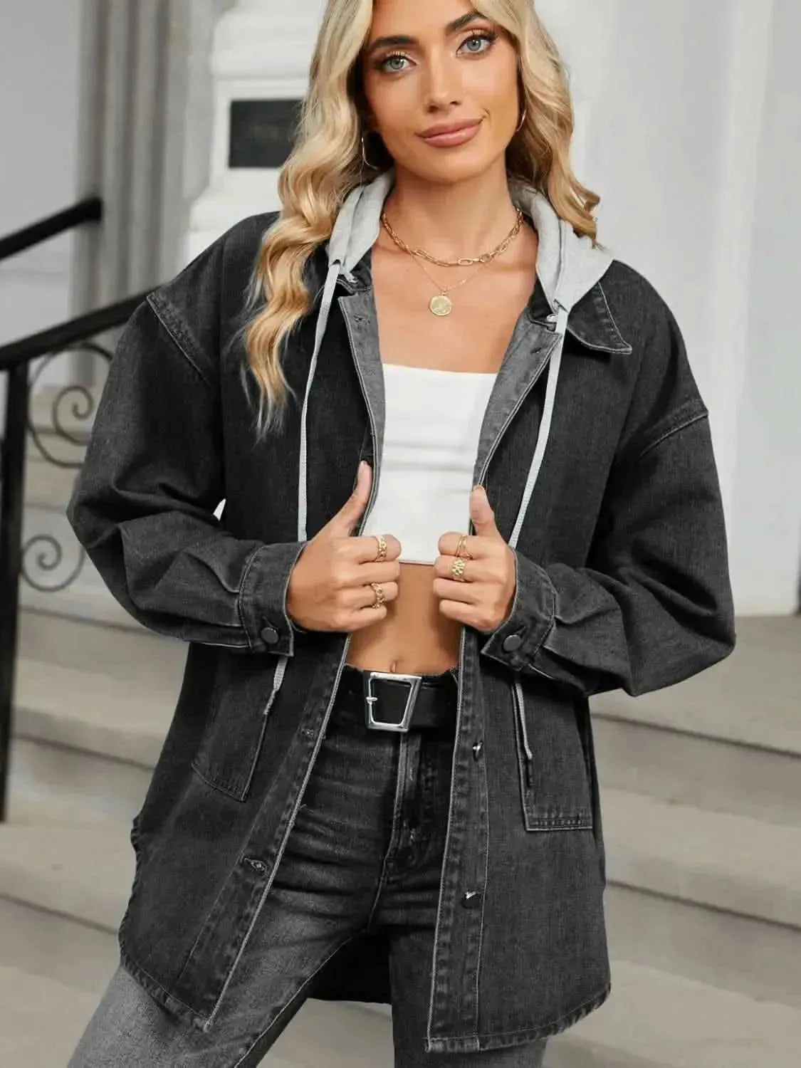 Removable Hood Button Up Long Sleeve Denim Jacket - Bad Moms Club