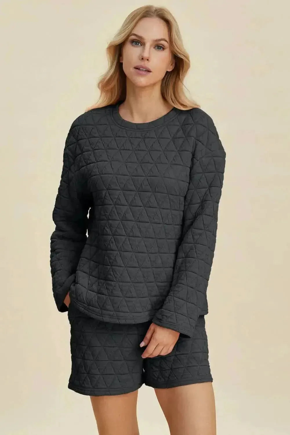 Double Take Full Size Texture Round Neck Long Sleeve Top and Shorts Set - Bad Moms Club