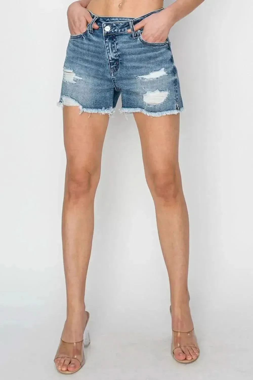 RISEN Stepped Waist Frayed Denim Shorts - Bad Moms Club