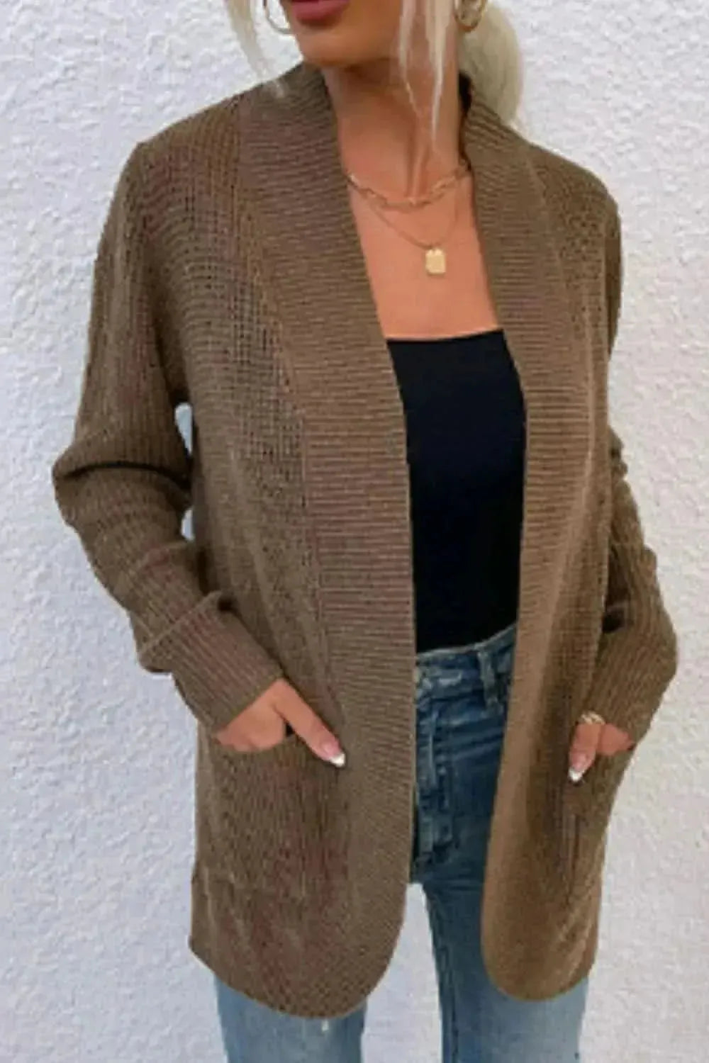 Open Front Rib-Knit Cardigan with Pockets - Bad Moms Club