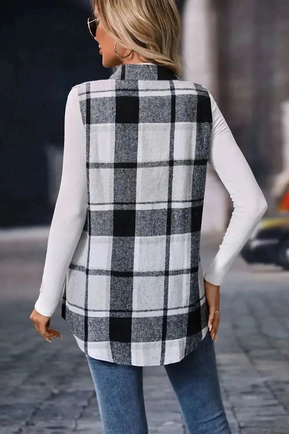 Plaid Button Up Vest Coat - Bad Moms Club