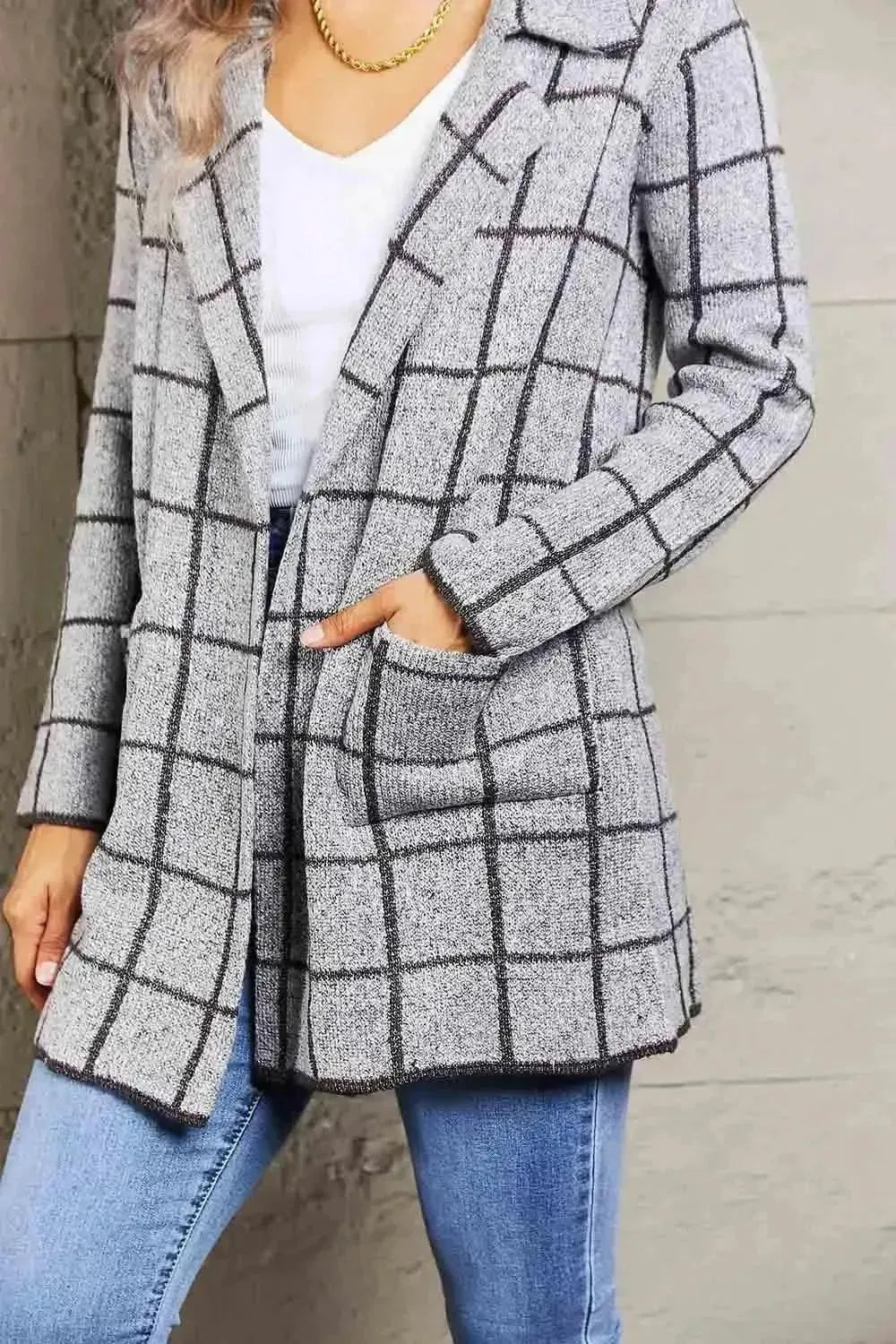 Printed Open Front Lapel Collar Cardigan with Pockets - Bad Moms Club