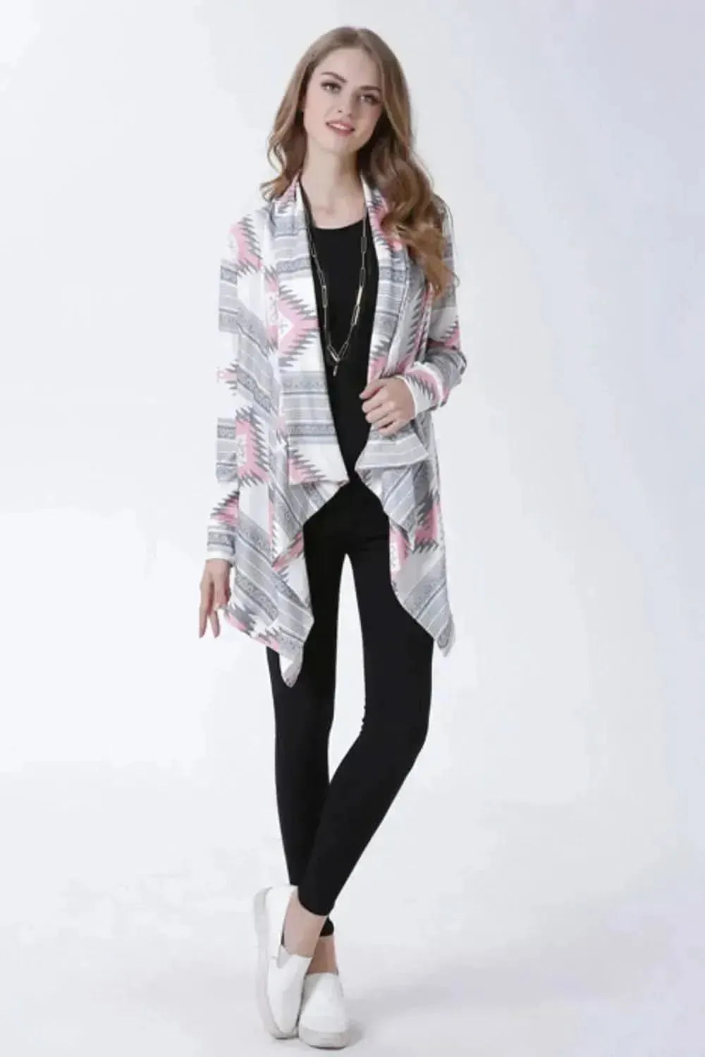 Geometric Open Front Handkerchief Hem Cardigan - Bad Moms Club