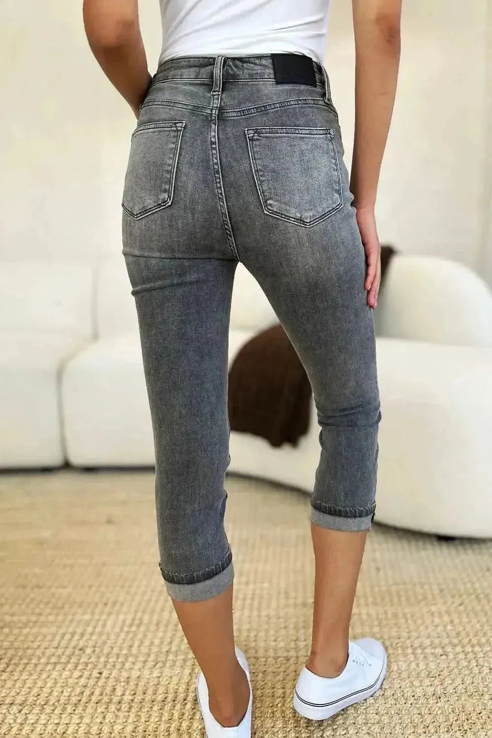 Judy Blue Full Size Button Fly High Waist Cuffed Capris - Bad Moms Club