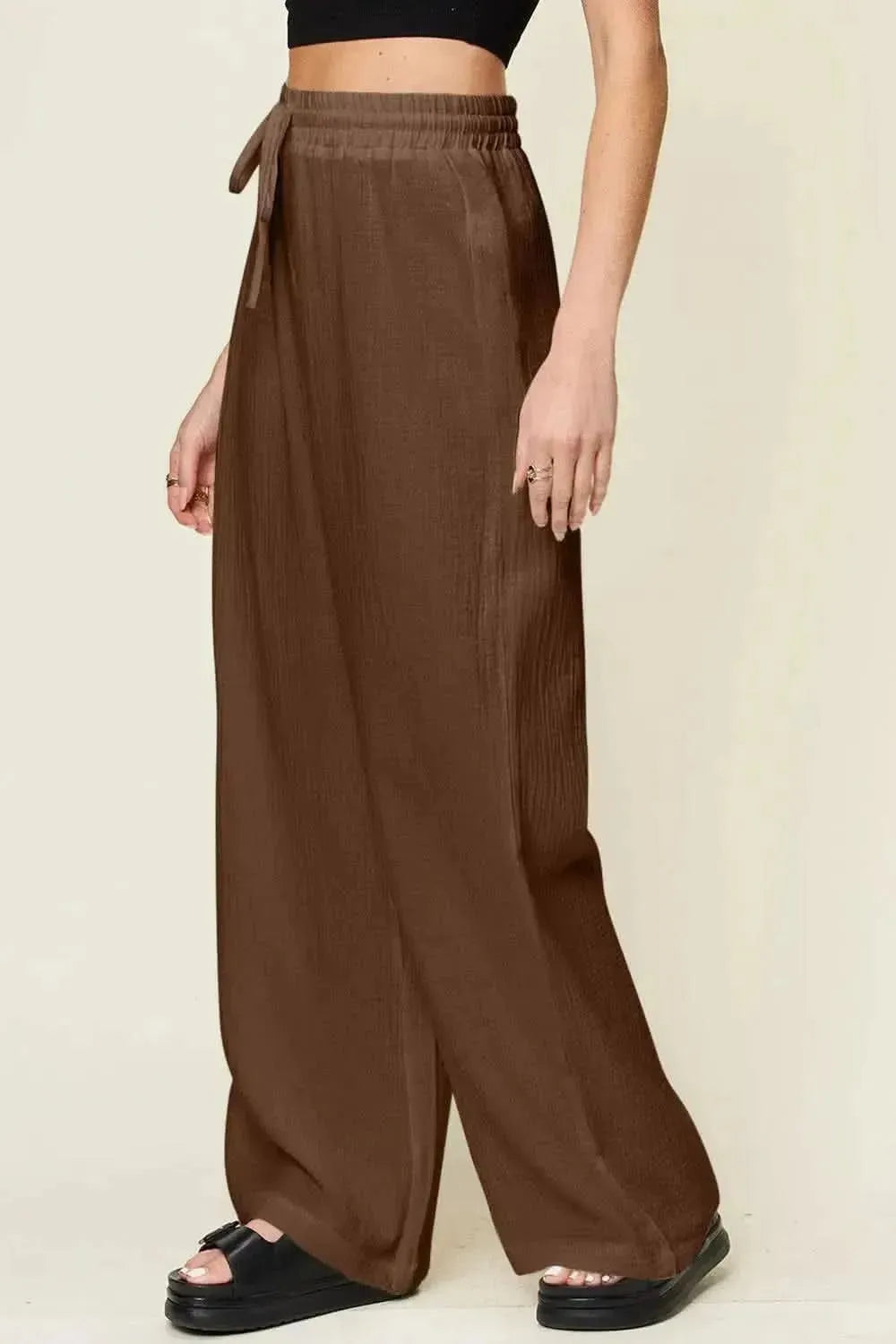 Double Take Full Size Texture Drawstring Wide Leg Pants - Bad Moms Club