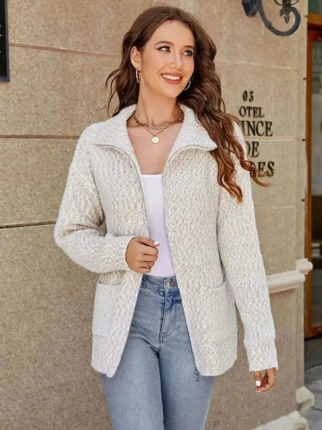 Zip-Up Collared Cardigan with Pockets - Bad Moms Club