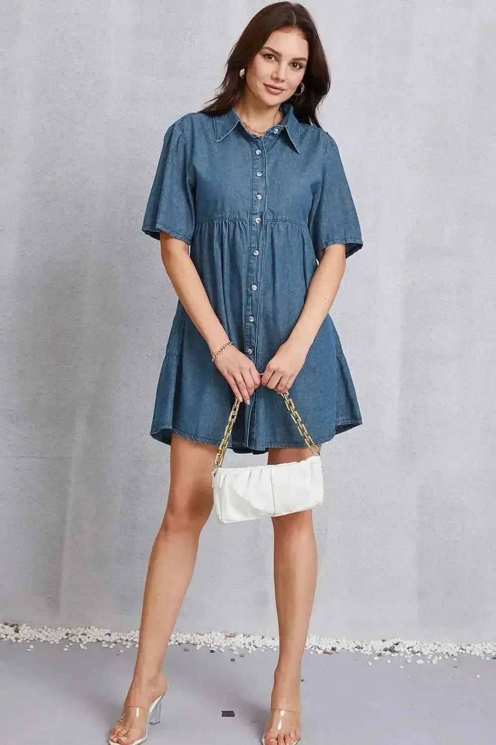 Button Up Collared Neck Tiered Denim Dress - Bad Moms Club