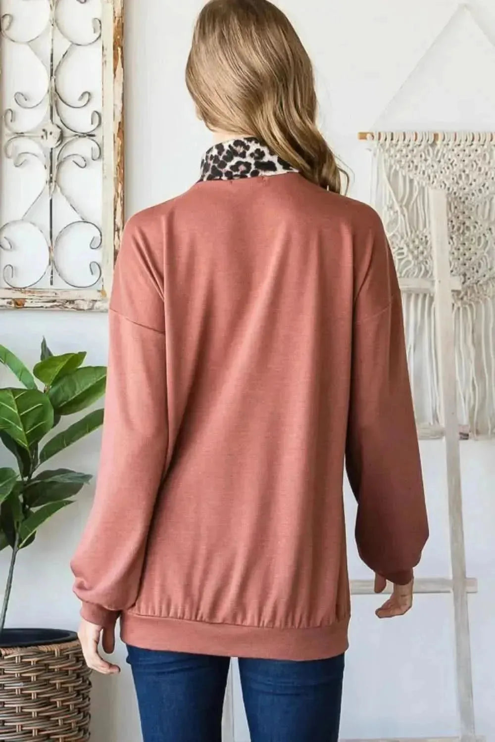 Heimish Full Size Leopard Quarter Zip Mock Neck Sweatshirt - Bad Moms Club