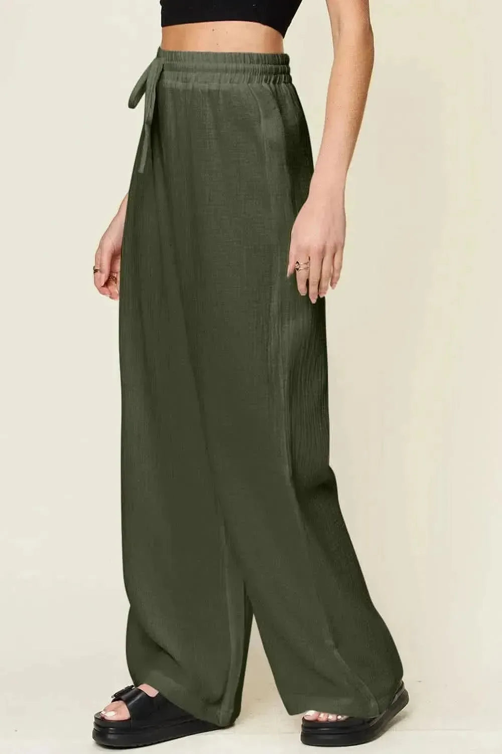 Double Take Full Size Texture Drawstring Wide Leg Pants - Bad Moms Club