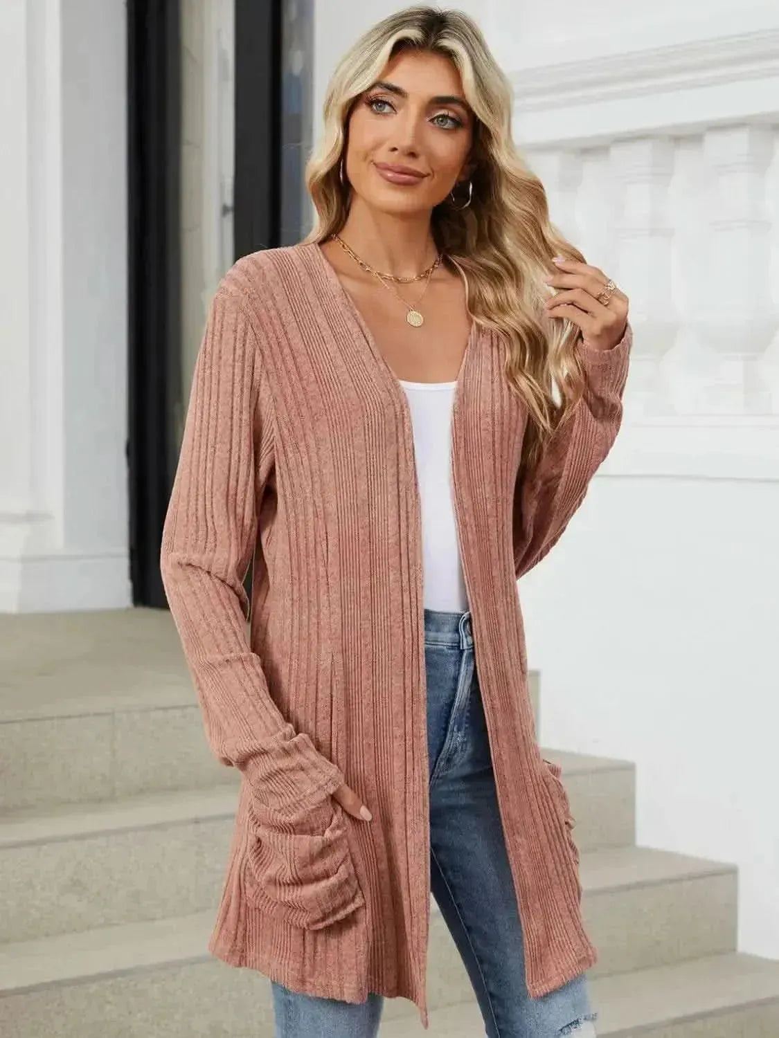 Pocketed Open Front Long Sleeve Cardigan - Bad Moms Club