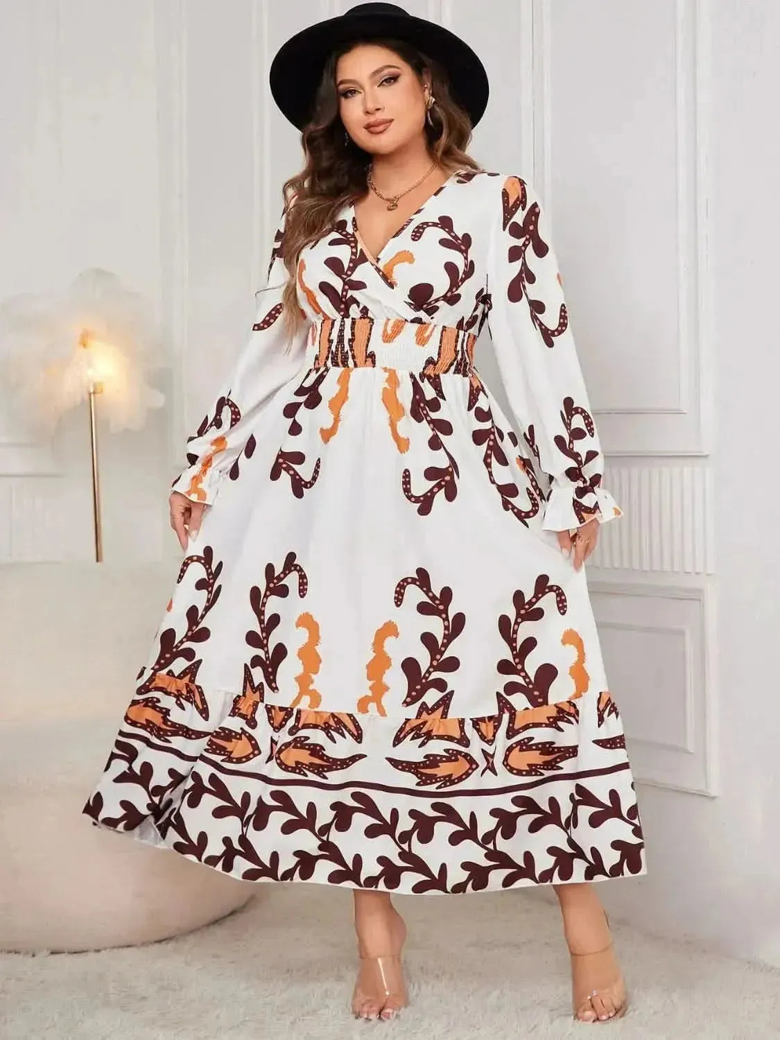 Honey Plus Size Printed Surplice Flounce Sleeve Dress - Bad Moms Club