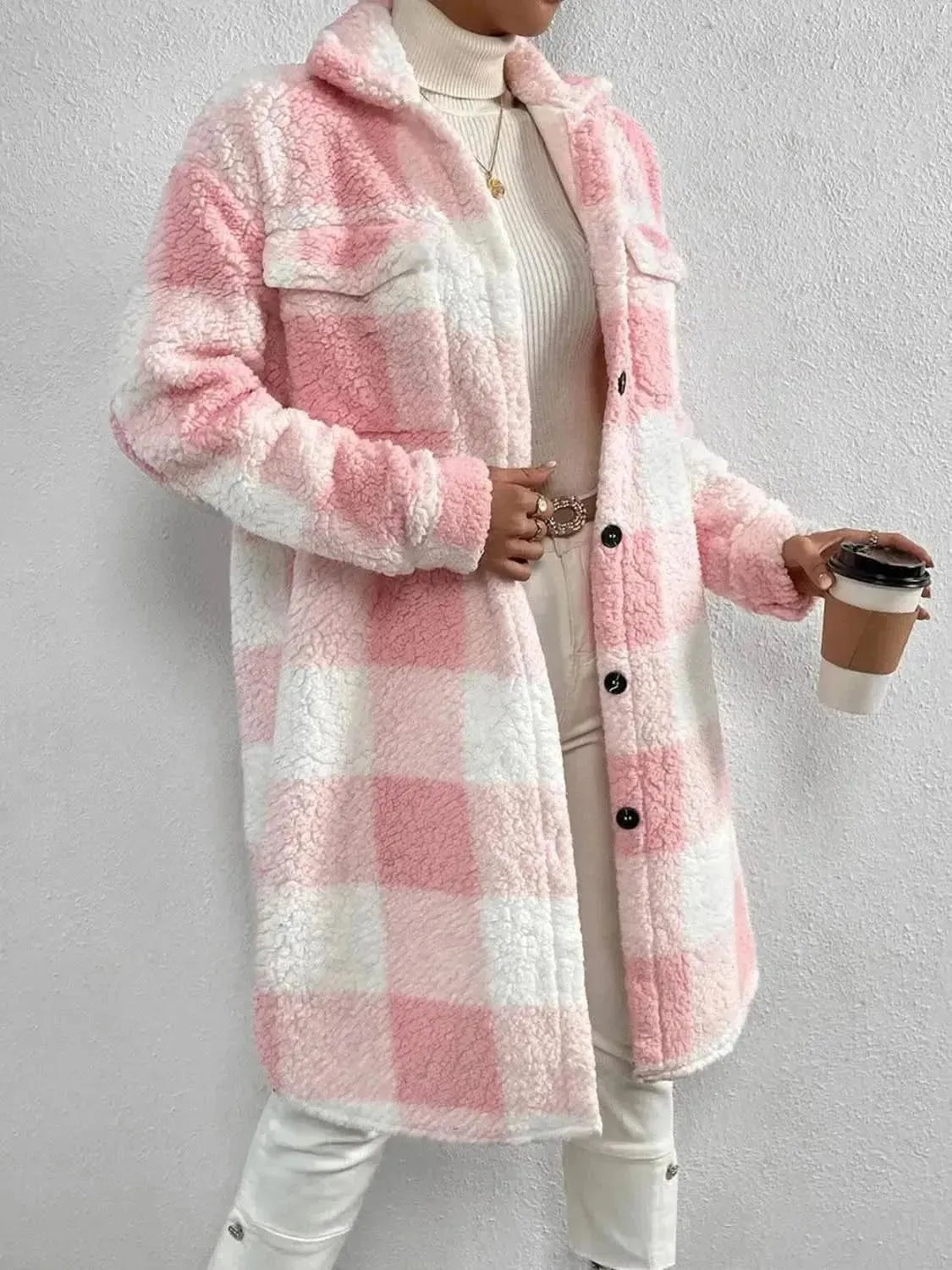 Plaid Collared Neck Button Down Coat - Bad Moms Club