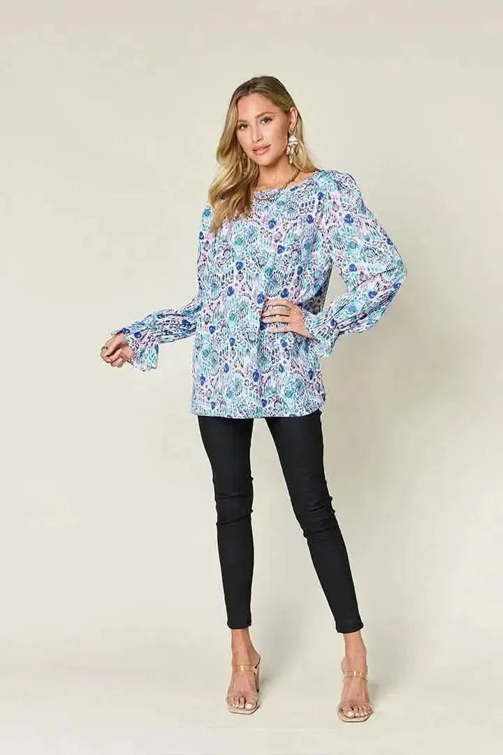 Double Take Full Size Printed Flounce Sleeve Blouse - Bad Moms Club