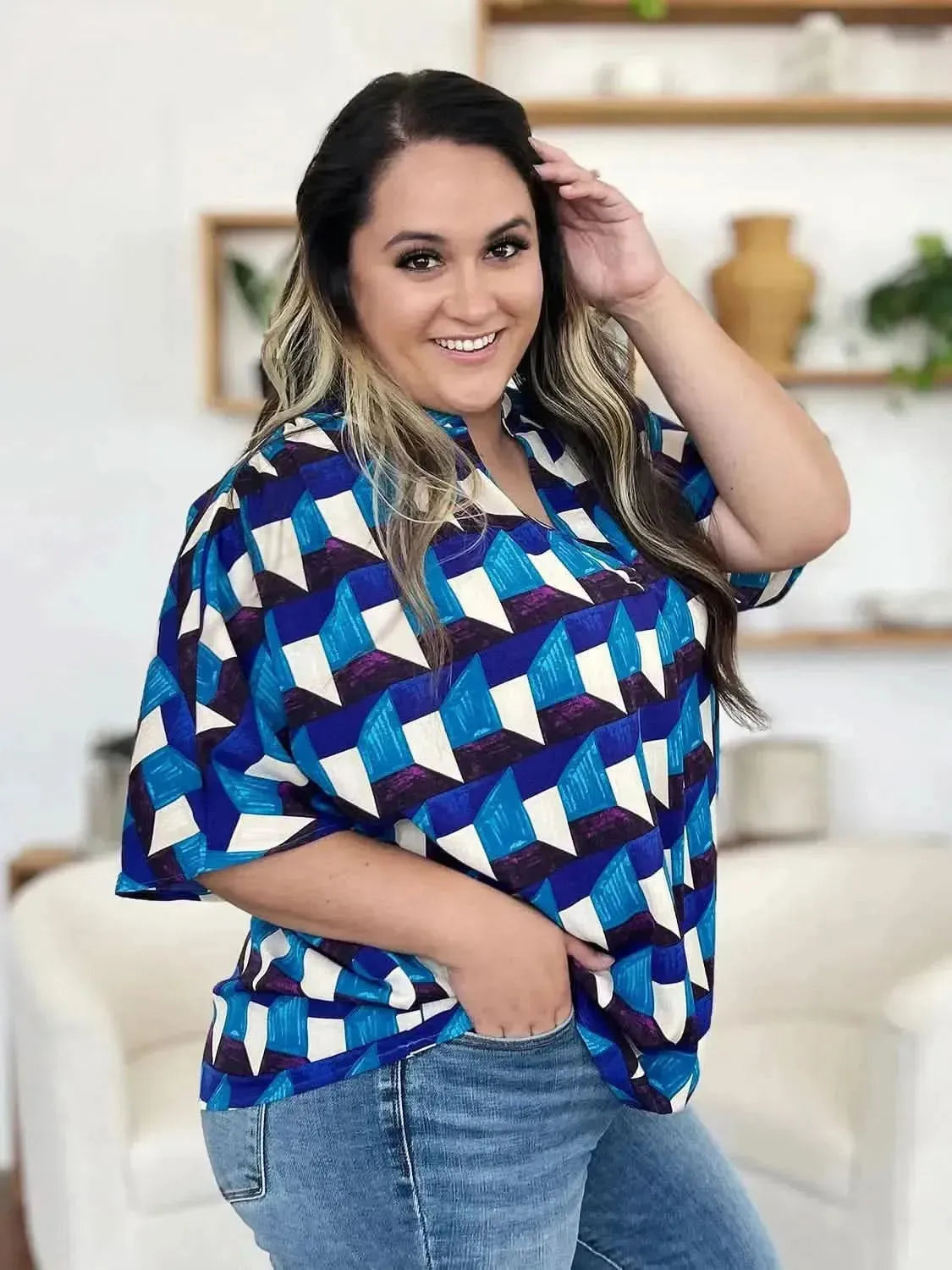Double Take Full Size Geometric Notched Half Sleeve Blouse - Bad Moms Club