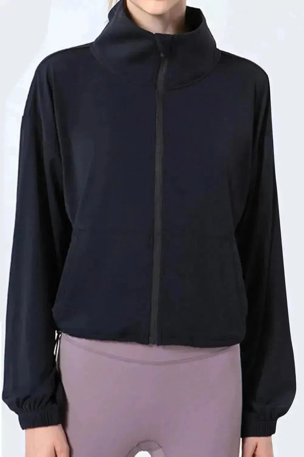 Drawstring Zip Up Dropped Shoulder Active Outerwear - Bad Moms Club