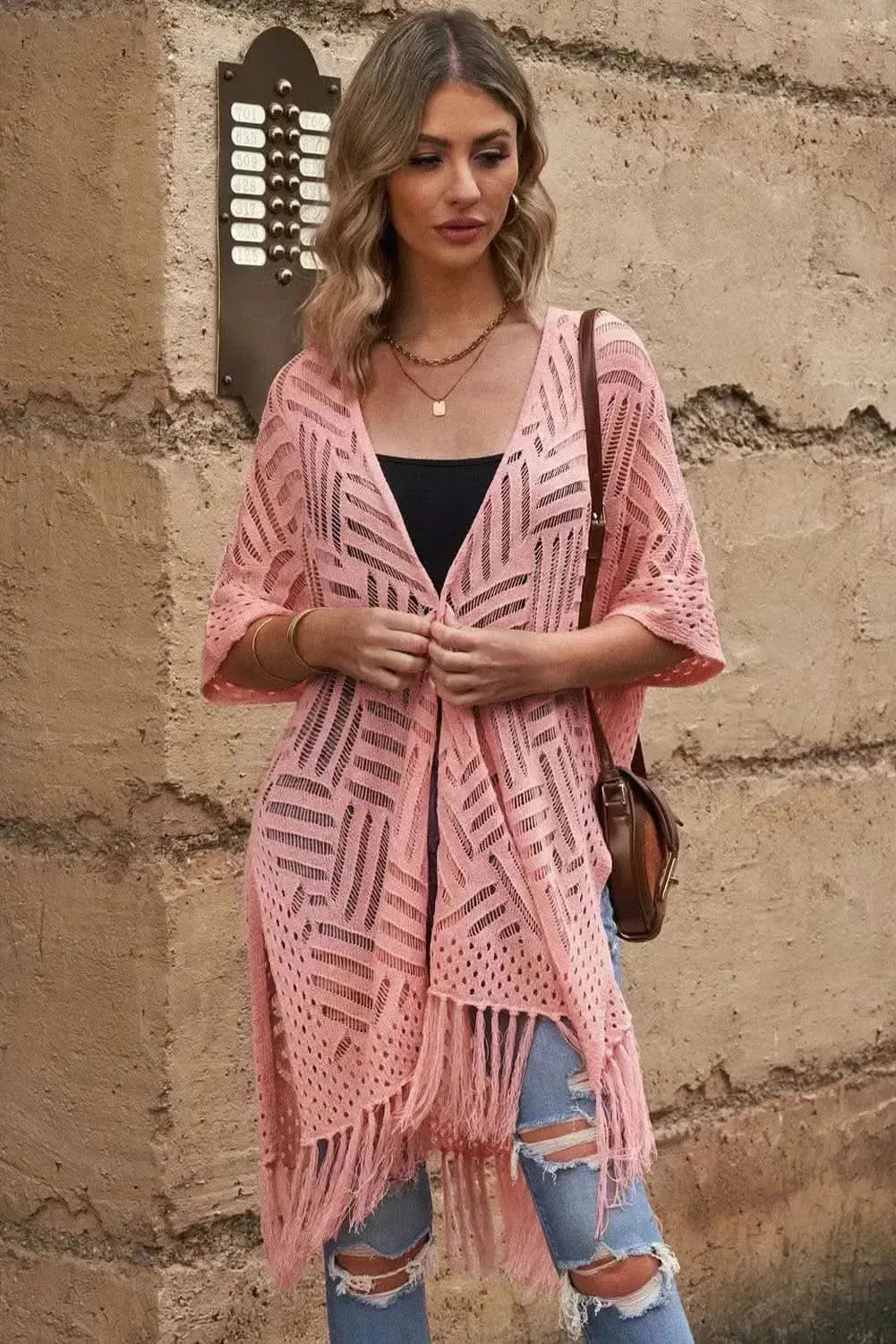 Openwork Open Front Cardigan with Fringes - Bad Moms Club