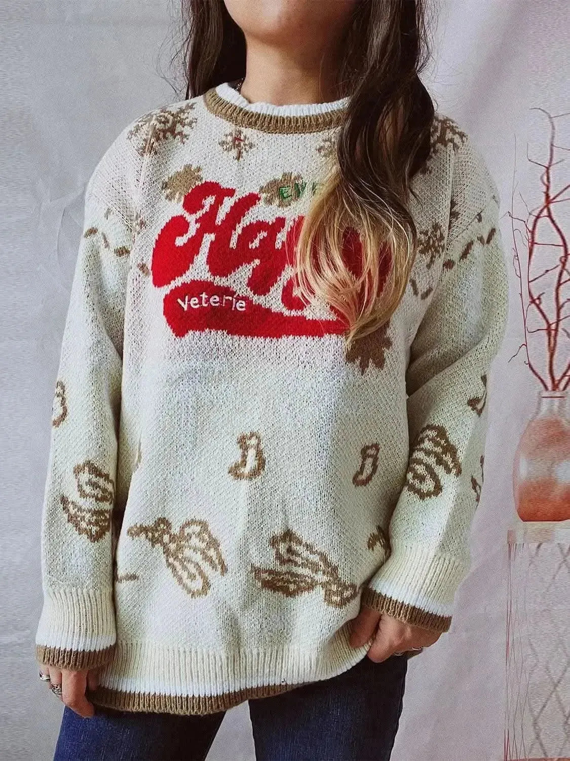 HAPPY Round Neck Long Sleeve Sweater - Bad Moms Club
