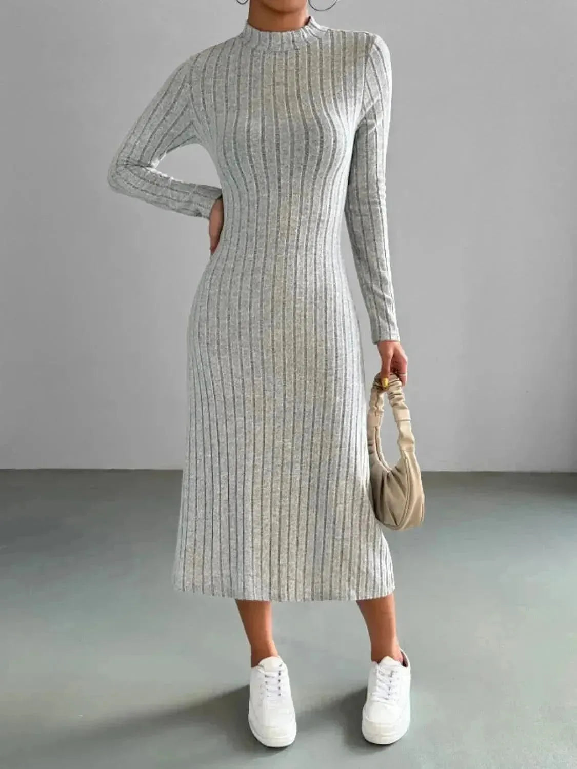 Ribbed Mock Neck Long Sleeve Midi Sweater Dress - Bad Moms Club